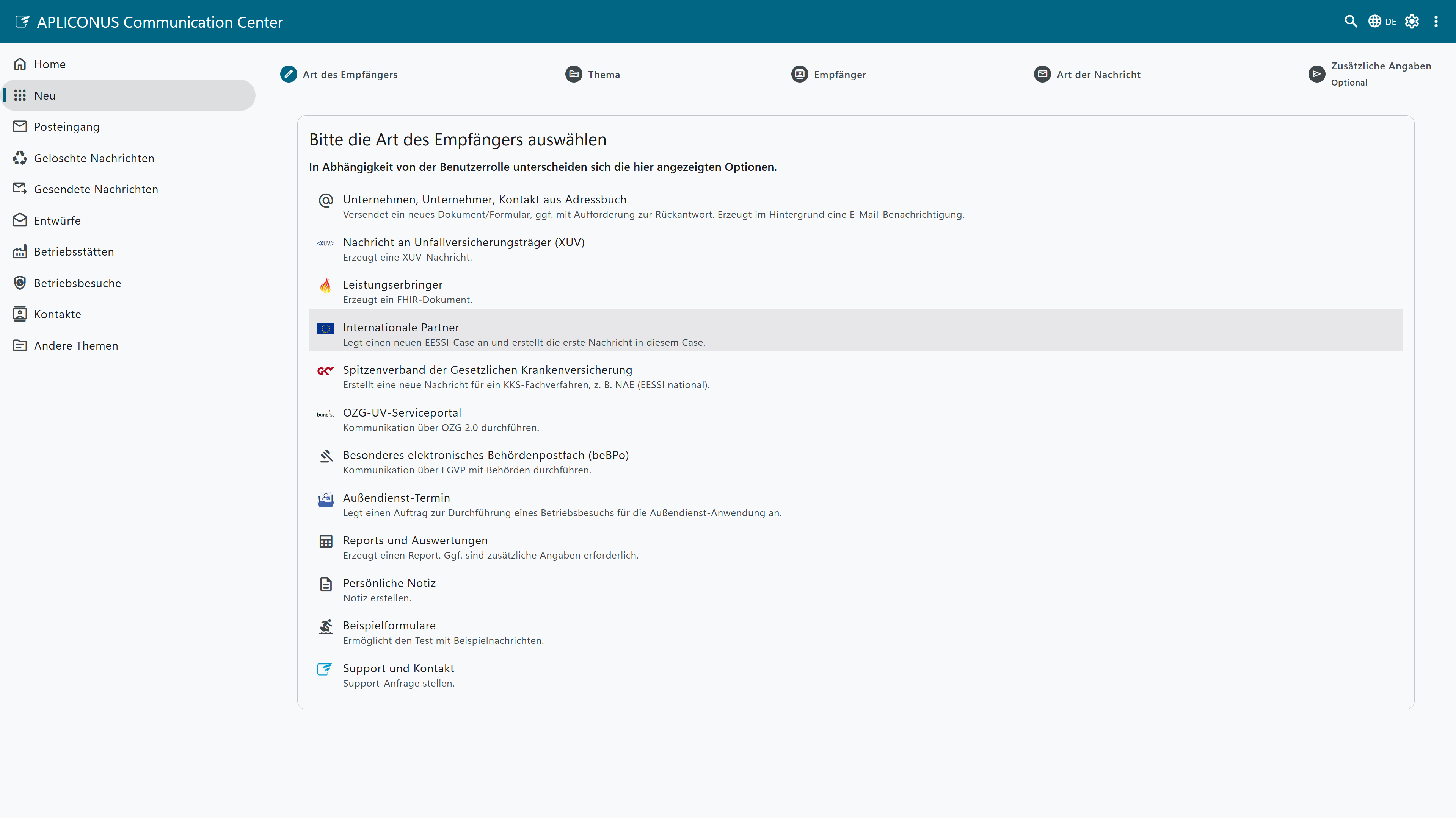 Screenshot des intelligenten Assistenten für die Neuanlage von strukturierten Nachrichten mit APLICONUS Communication Center