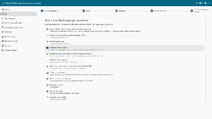 Screenshot des intelligenten Assistenten für die Neuanlage von strukturierten Nachrichten mit APLICONUS Communication Center
