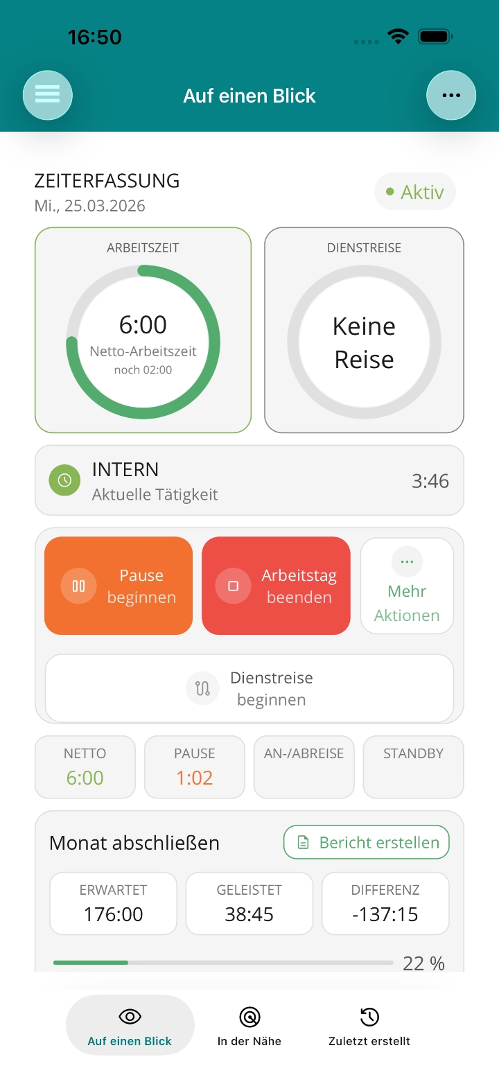 Arbeitszeit, Dienstreise und aktuelle Tätigkeit im Cockpit auf dem iPhone.