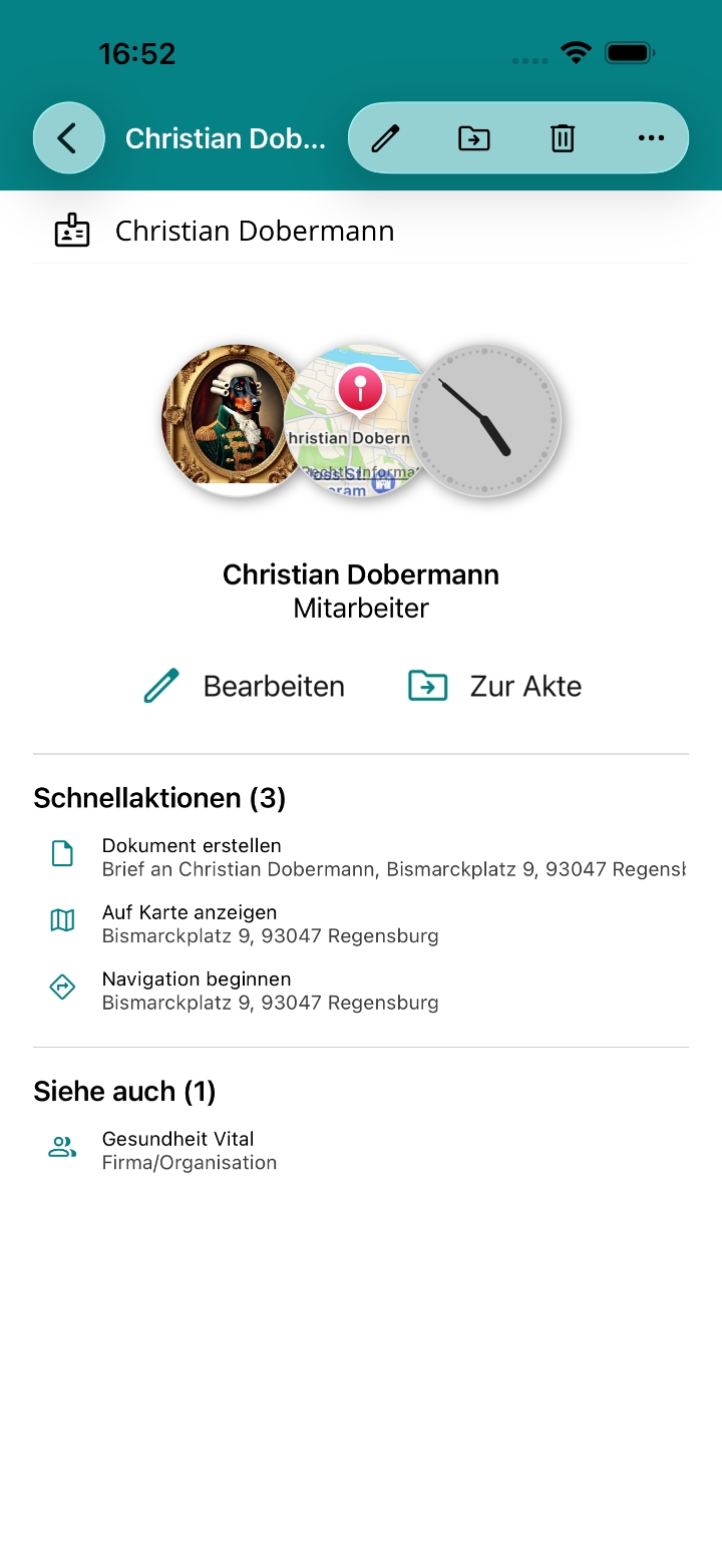 Kontakte zentral pflegen – Screenshot von APLICONUS infield Pro (iPhone)