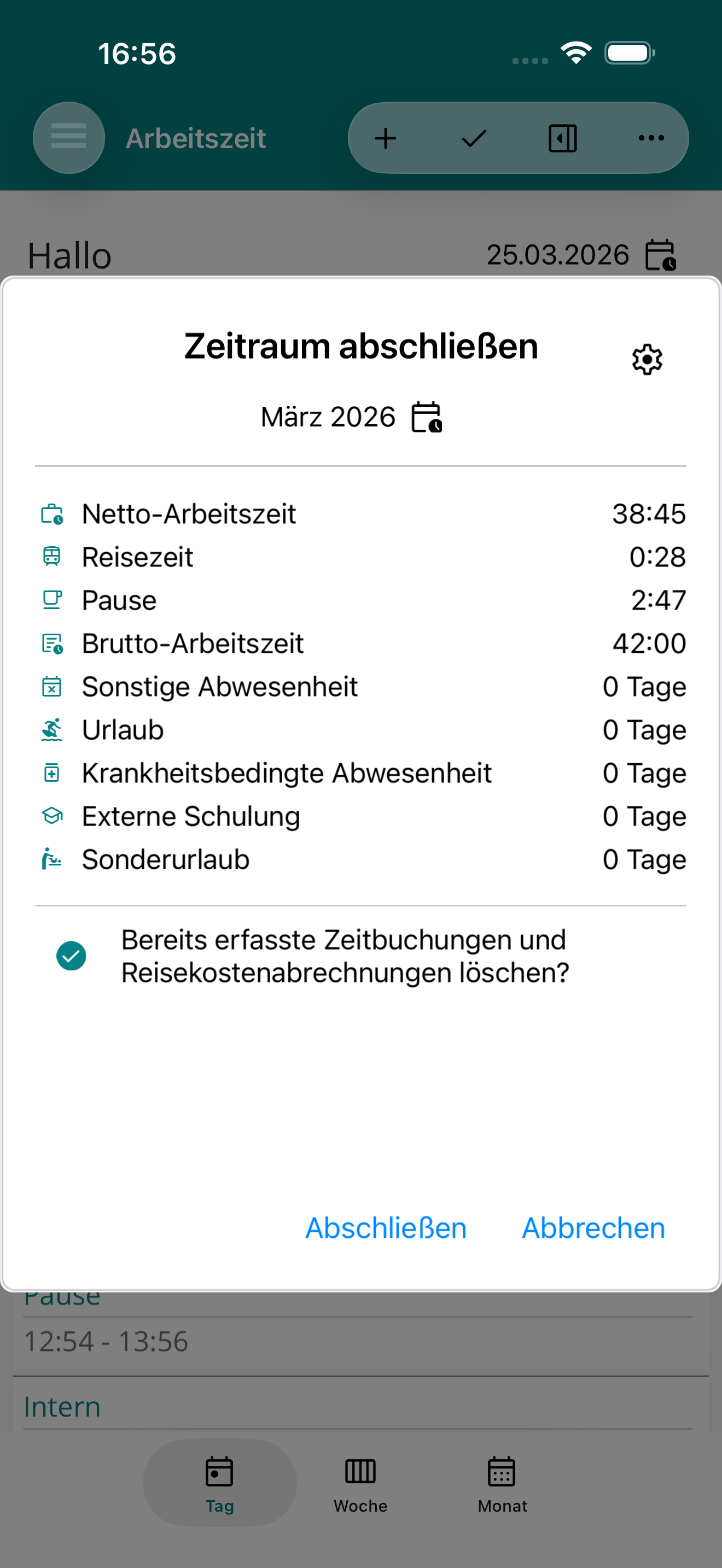 Monatsabschluss sicher vorbereiten – Screenshot von APLICONUS infield Pro (iPhone)
