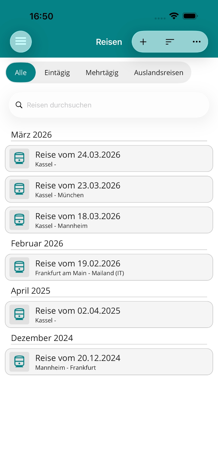 Vorhandene Dienstreisen in der Reiseübersicht auf dem iPhone.
