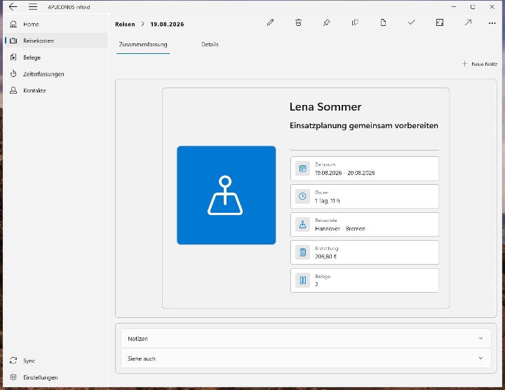 Dienstreisen nachvollziehen – Screenshot von APLICONUS infield (Windows)