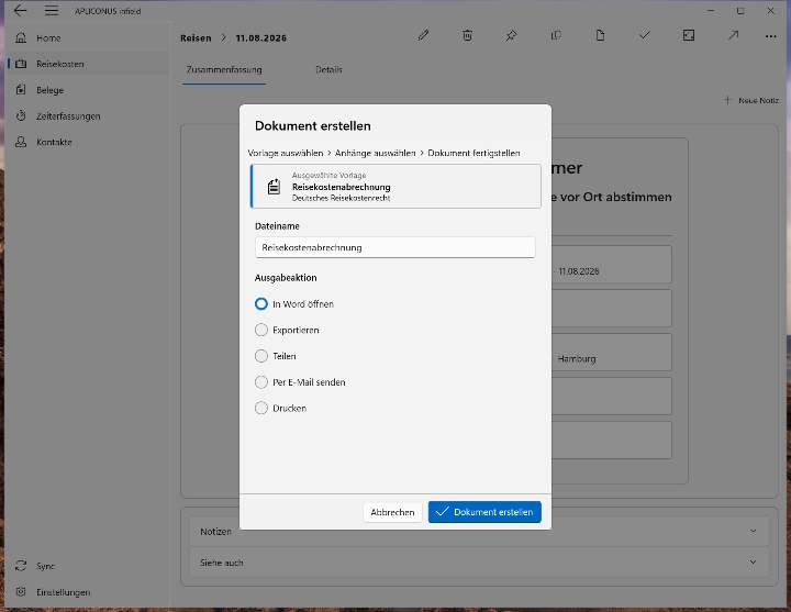 Reisekostenabrechnung vorbereiten – Screenshot von APLICONUS infield (Windows)