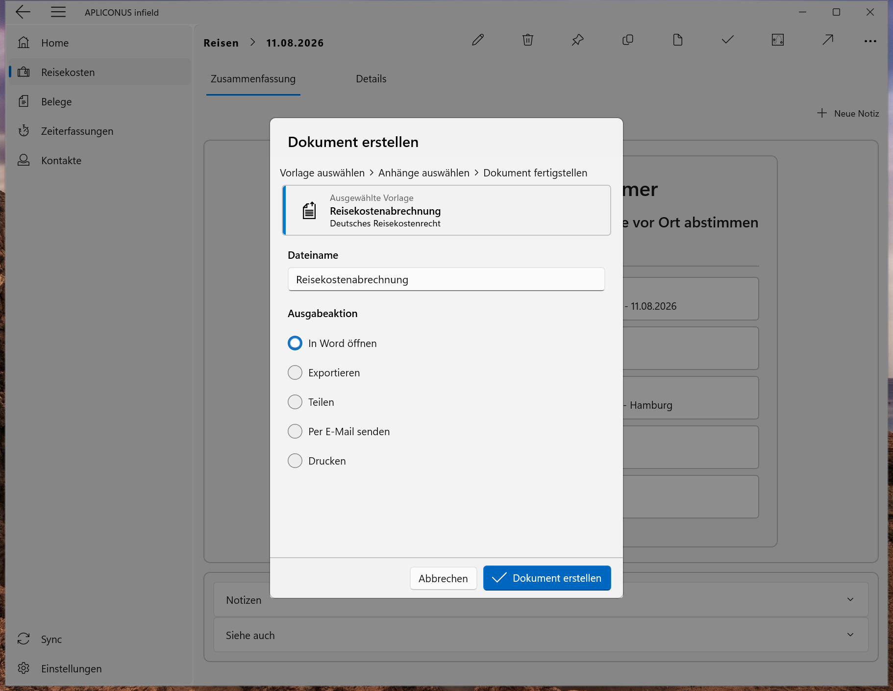 Reisekostenabrechnung vorbereiten – Screenshot von APLICONUS infield (Windows)