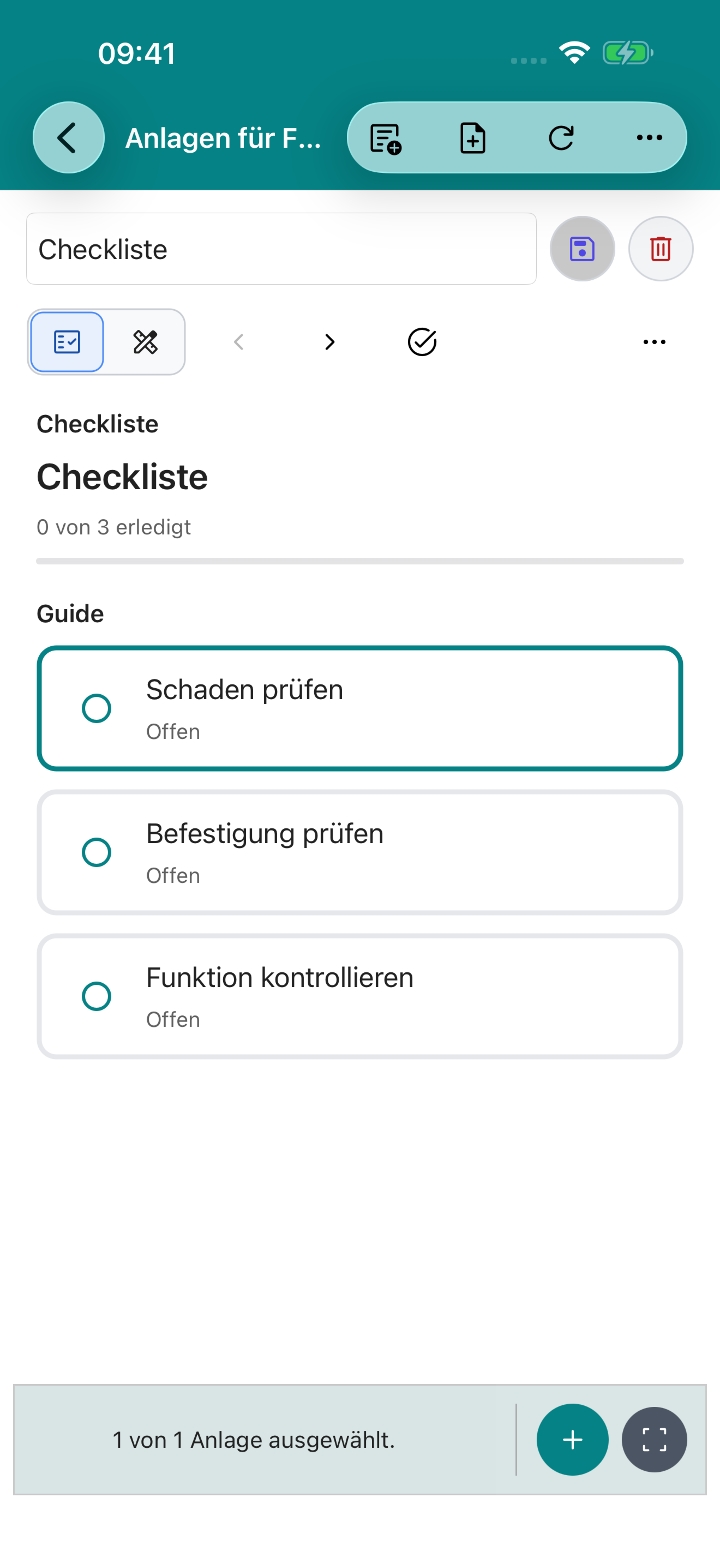Checkliste zum Auftrag: Schaden prüfen, Befestigung prüfen, Funktion kontrollieren.