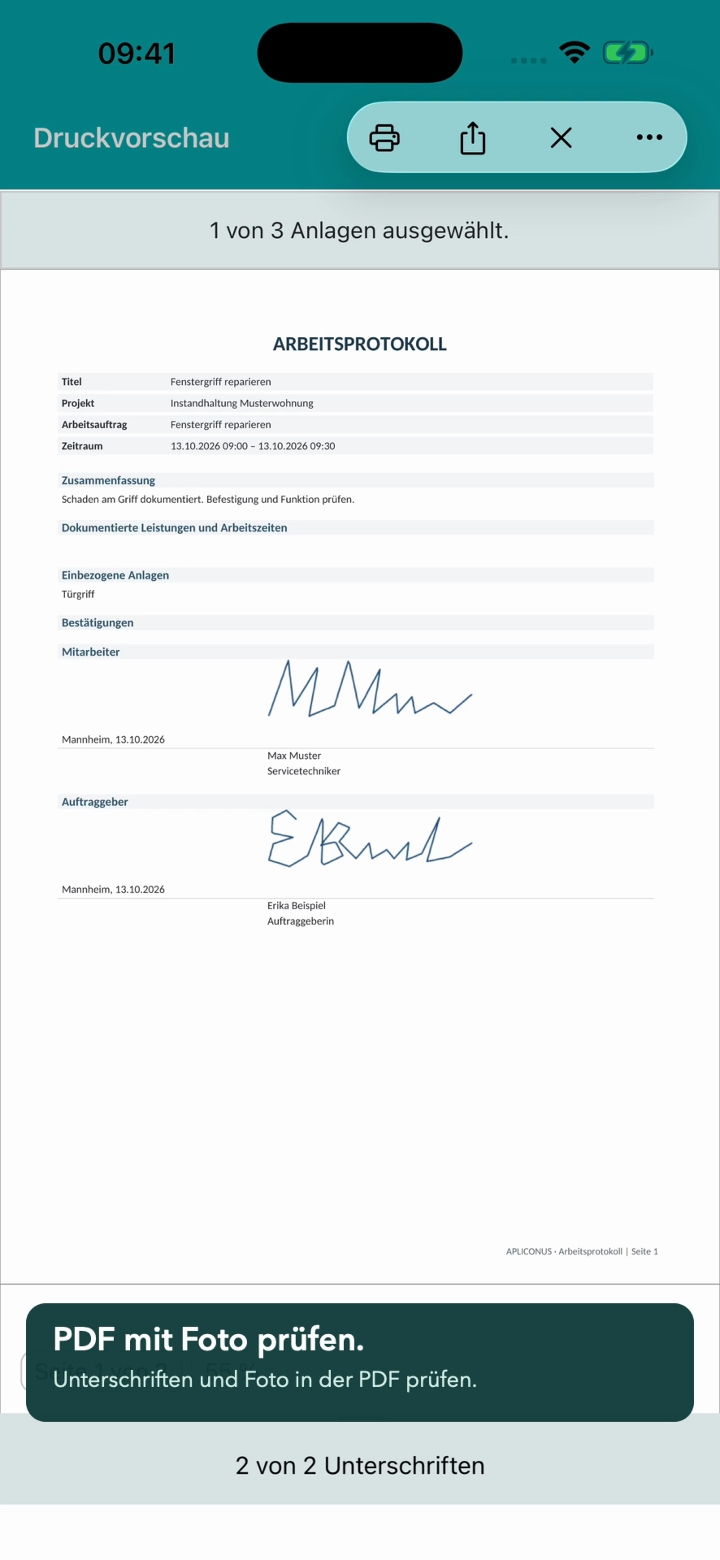 Arbeitsprotokoll mit zwei Musterunterschriften. Standbild aus der App-Anleitung.