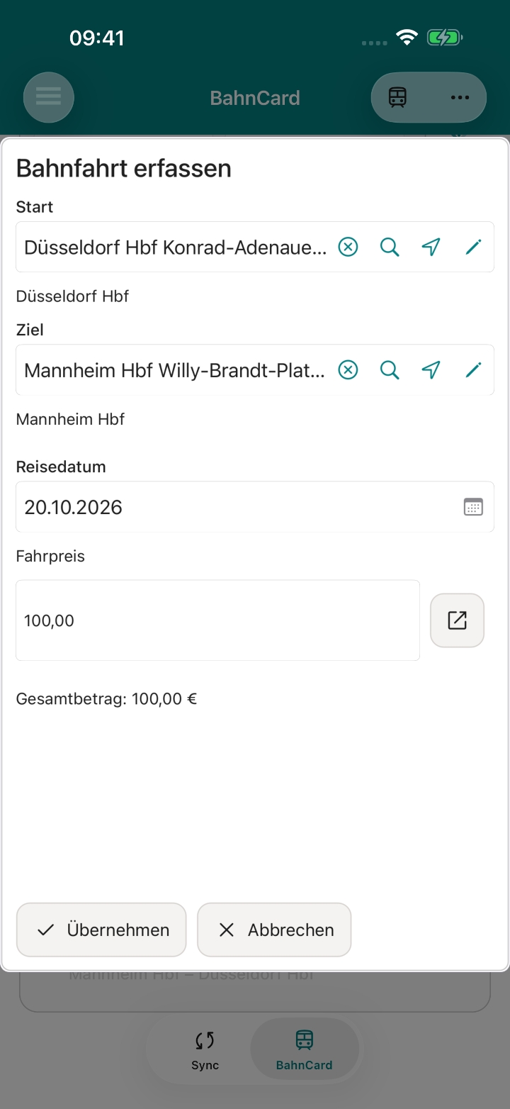 Bahnfahrt mit Strecke, Datum und einem Beispielpreis von 100 €.