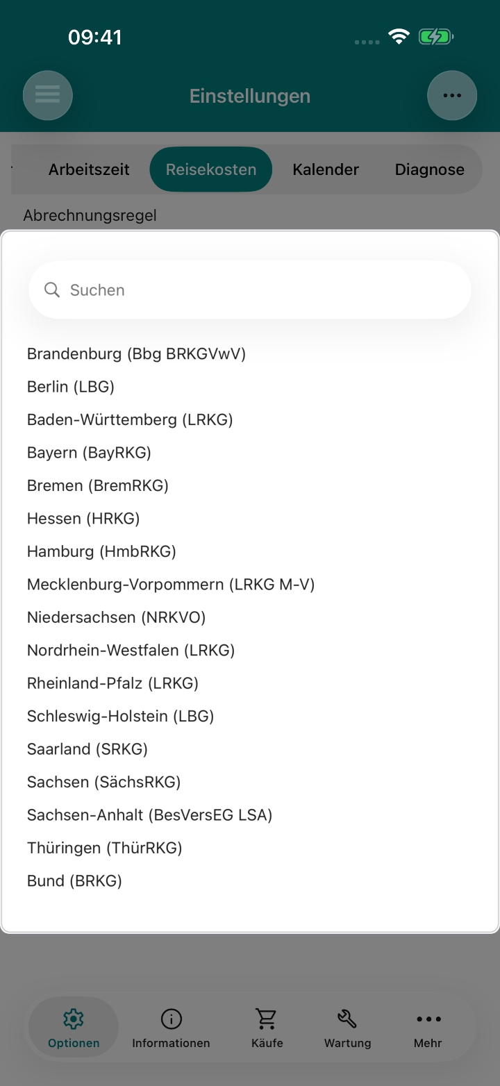Reisekostenrecht in den Einstellungen auswählen.