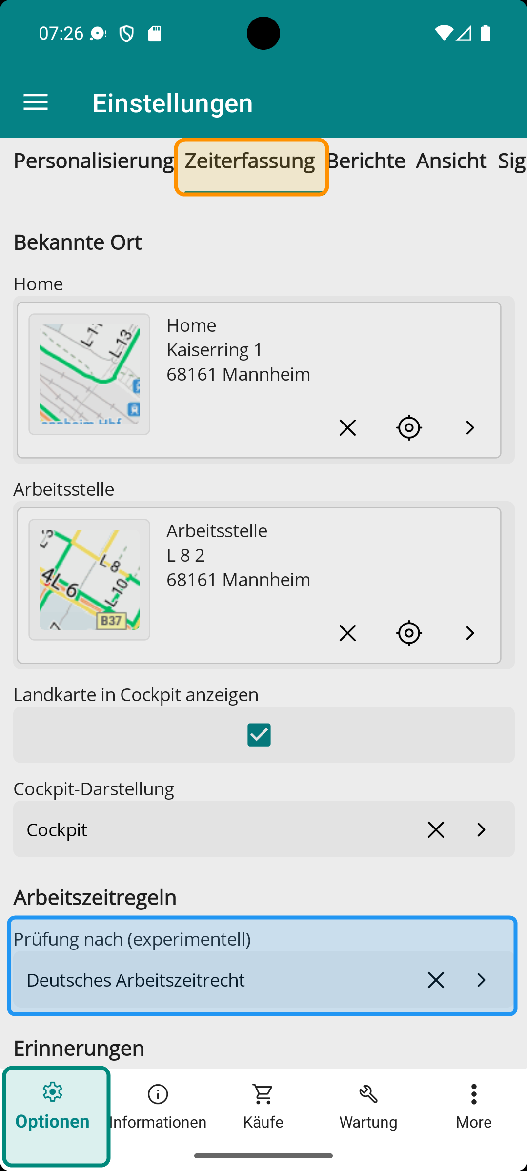 Einstellungen mit farblich hervorgehobener Auswahl der Arbeitszeitregel-Prüfung in APLICONUS infield Pro