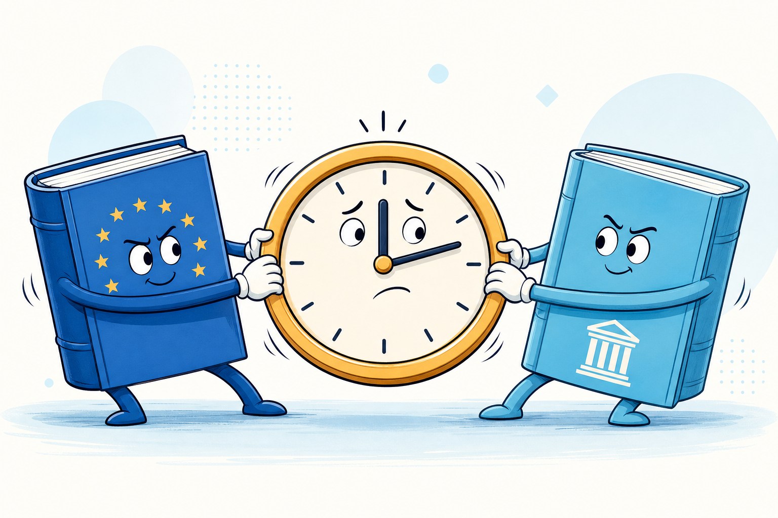 Karikatur: Ein europäisches und ein nationales Gesetzbuch ziehen von entgegengesetzten Seiten an einer Arbeitszeituhr