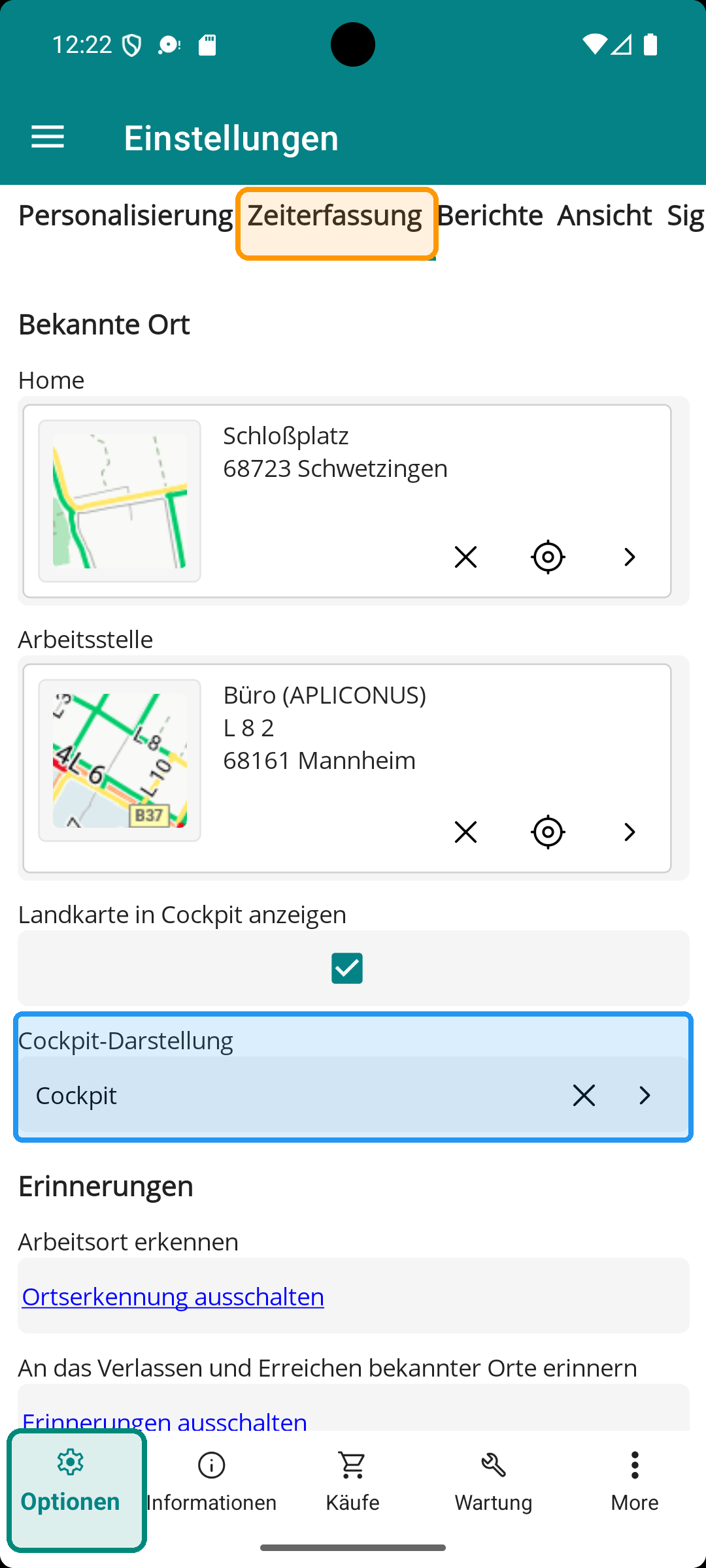 Einstellungen mit farblich hervorgehobener Cockpit-Darstellung in APLICONUS infield Pro